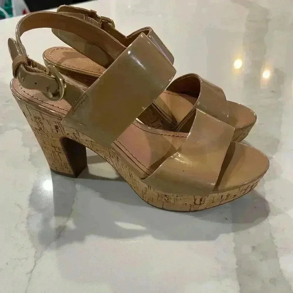 Franco Sarto Frank Nude Cork Block Heels Shiny Strappy Ankle Women’s Size 6.5 - Picture 10 of 10